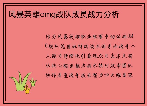 风暴英雄omg战队成员战力分析